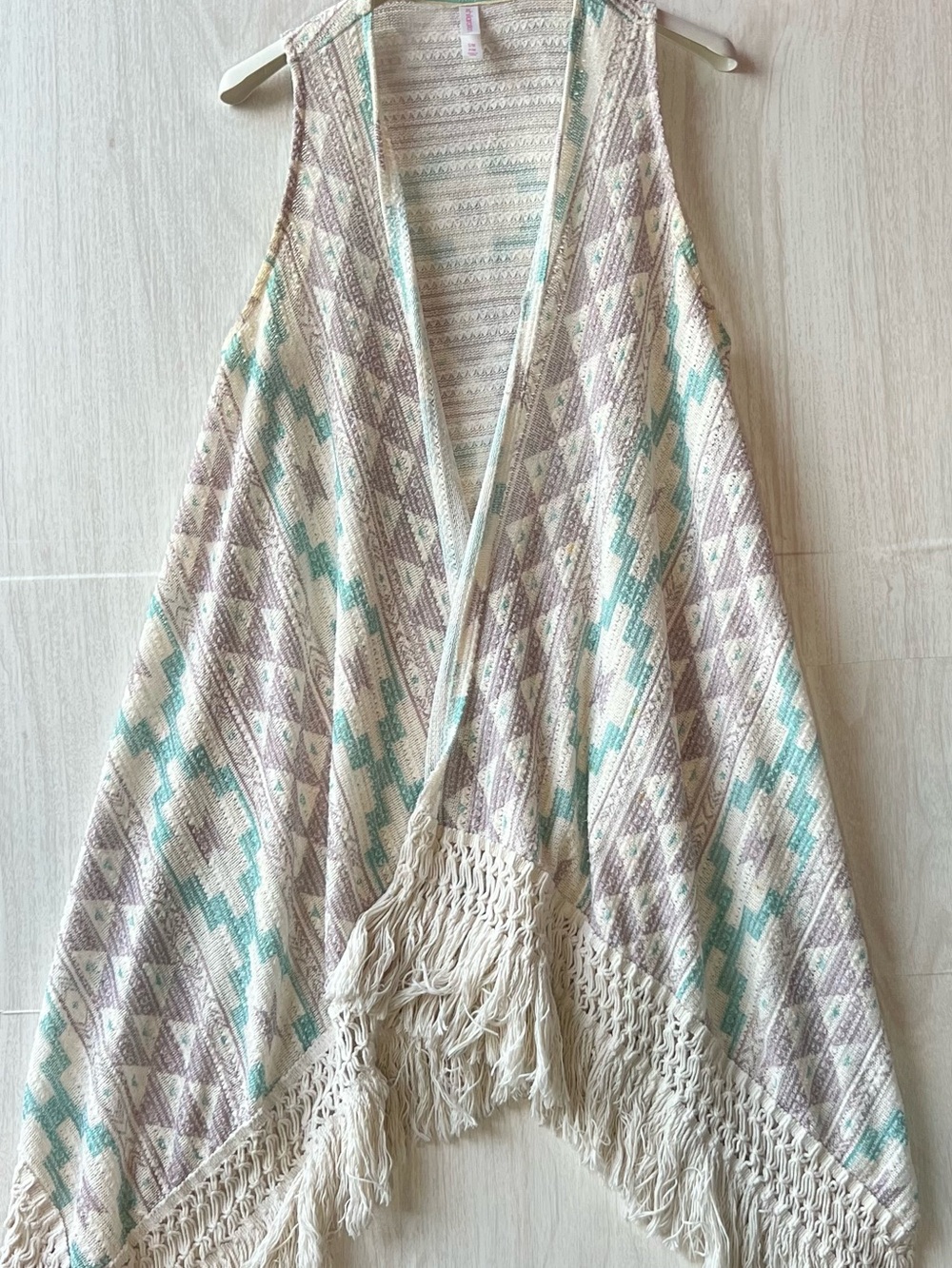 Xhilaration Cream Knit Fringe Vest with Aqua & Taupe Pattern